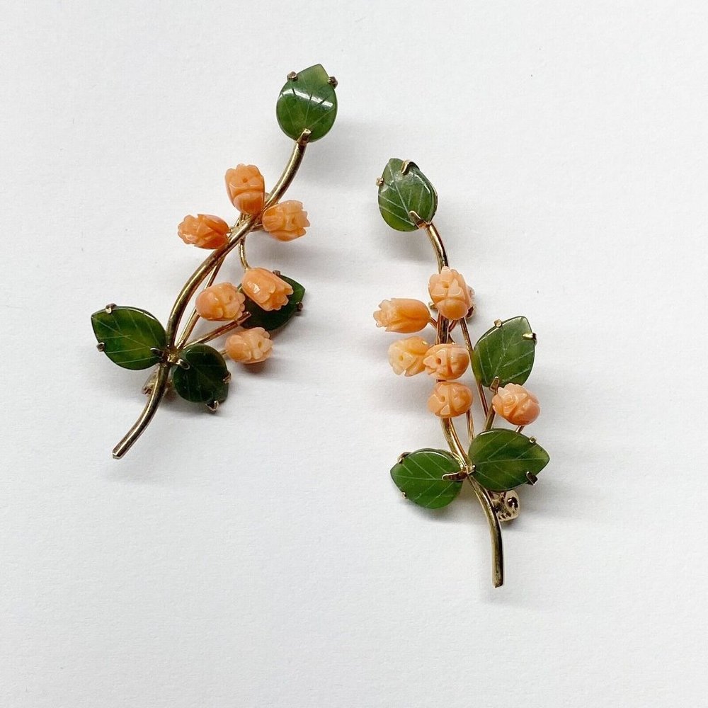 Coral Jade Brooch Pin Set Tulip Green Rose Flowers Leaves Plant Carved Orange